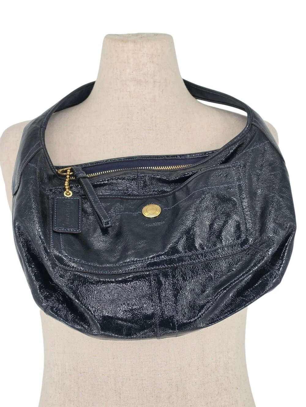 Coach F12886 Navy Patent Leather Hobo Shoulder Bag Gold Hardware Hangtag
